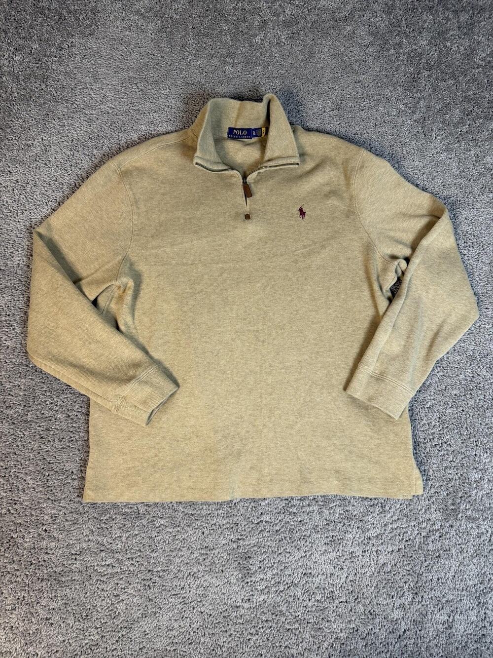Polo Ralph Lauren Sweater Mens XL Beige Mock Neck 1/4 Zip Cotton Pullover
